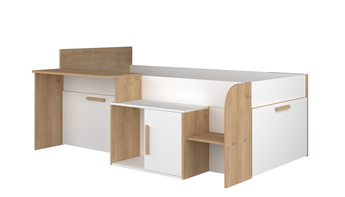 Sacha Storage Midsleeper with desk, drawers, cupboard, and open shelving in oak and white finish, space-saving bed for small bedrooms.