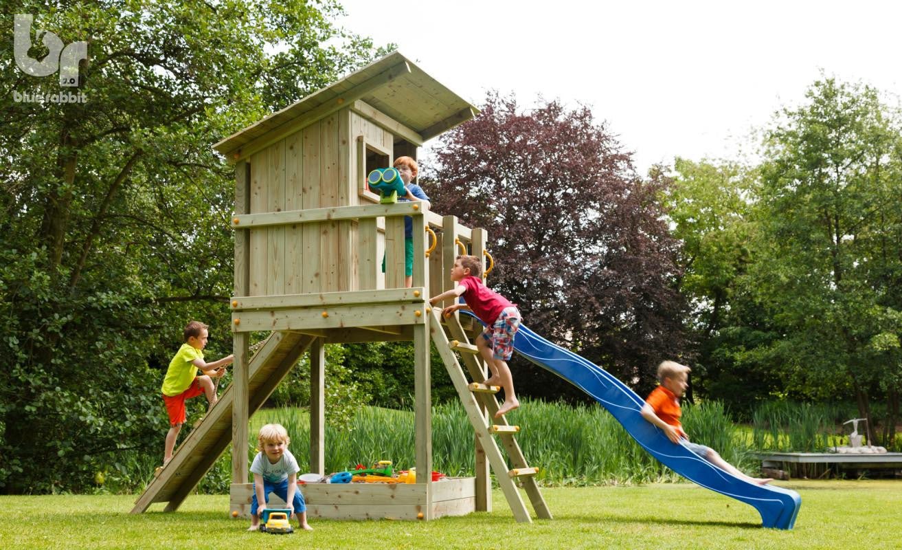 4. 'BEACH HUT' (enclosed platform) with Slide, Sandpit & 2x Entries - Millie & Jones