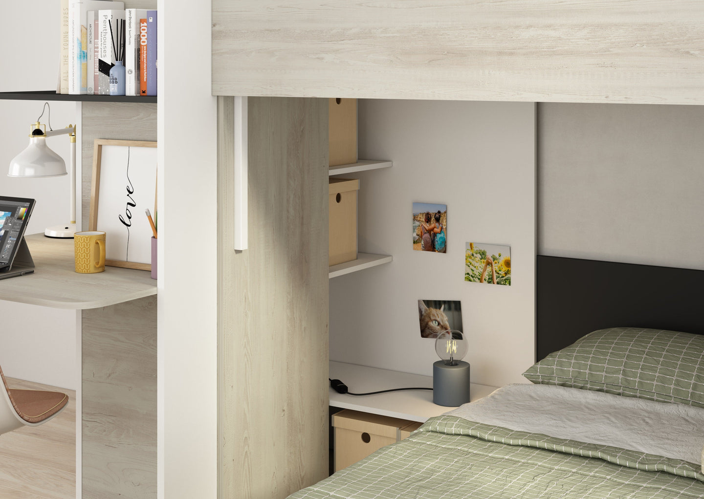 Palatino L Shaped Bunk Bed with corner desk, shelving, and under-bed storage in a kids' room.