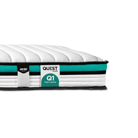 Jay-Be Quest Q1 Endless Comfort Single Mattress with eco-friendly e-Spring core, hypoallergenic layers, and vacuum-packed design.