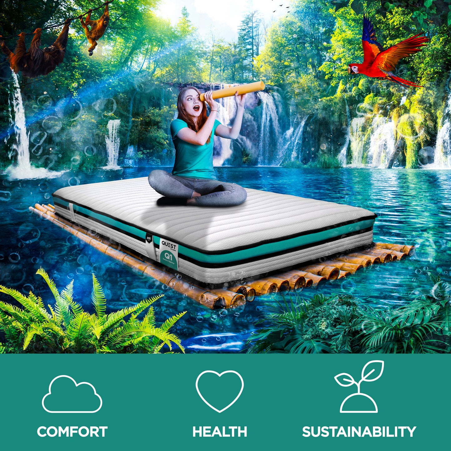 Eco-friendly Jay-Be Quest Q1 Endless Comfort Single Mattress with e-Spring™ core and hypoallergenic layers.