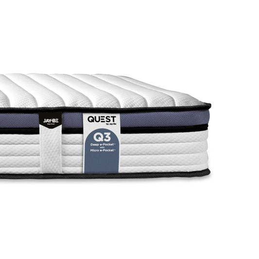 Jay-Be Quest Q3 Epic Comfort Single Mattress with Deep and Micro e-Pocket layers, eco-friendly design, and hypoallergenic features.