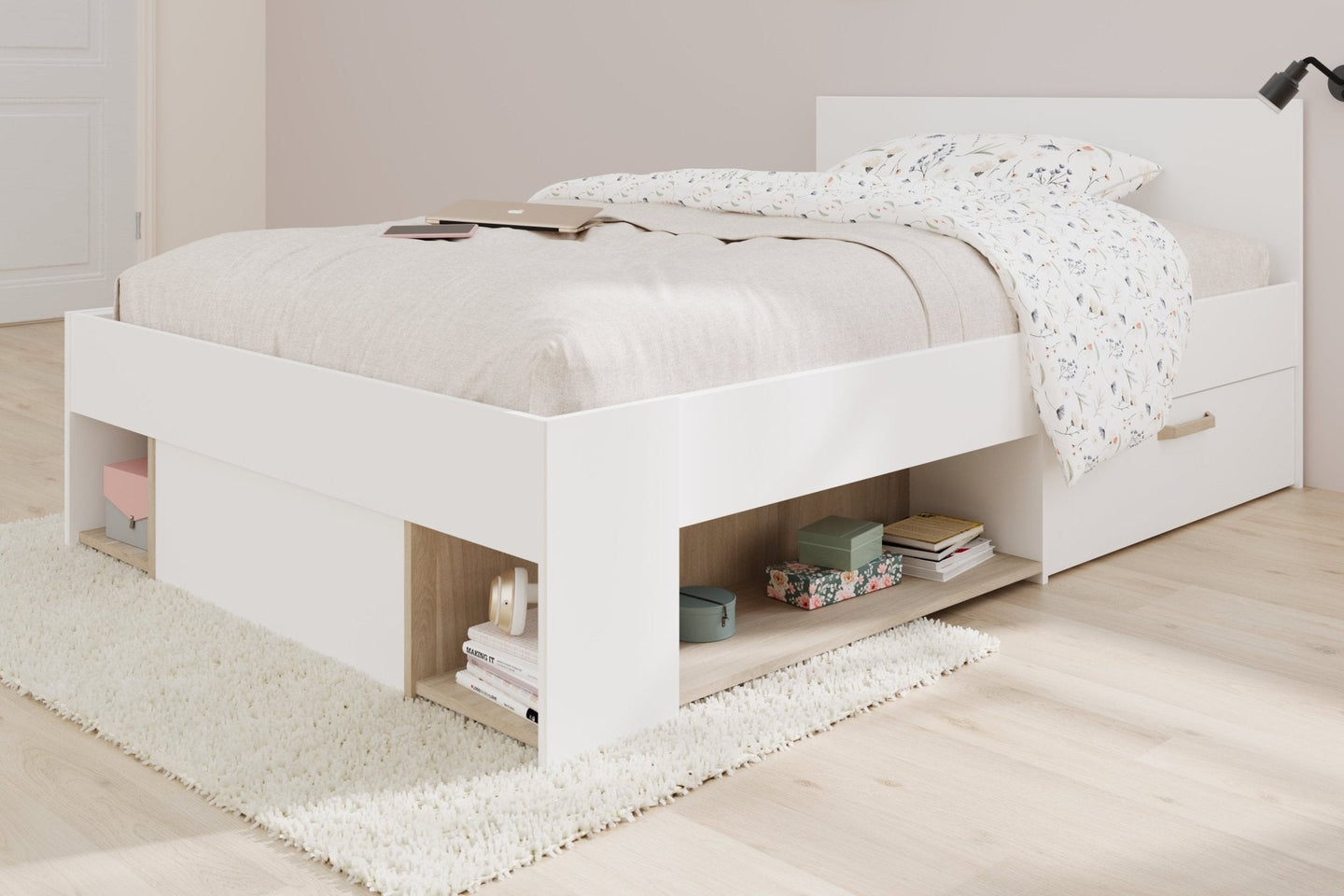 White and Jackson Oak Achille Storage Bed with drawers and open shelves, high headboard, no foot end.