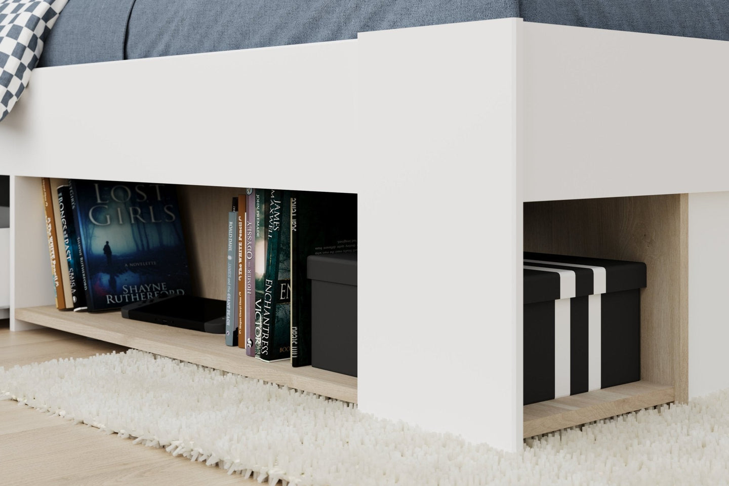 Achille Storage Bed with open shelves and storage drawers, white and Jackson Oak finish.