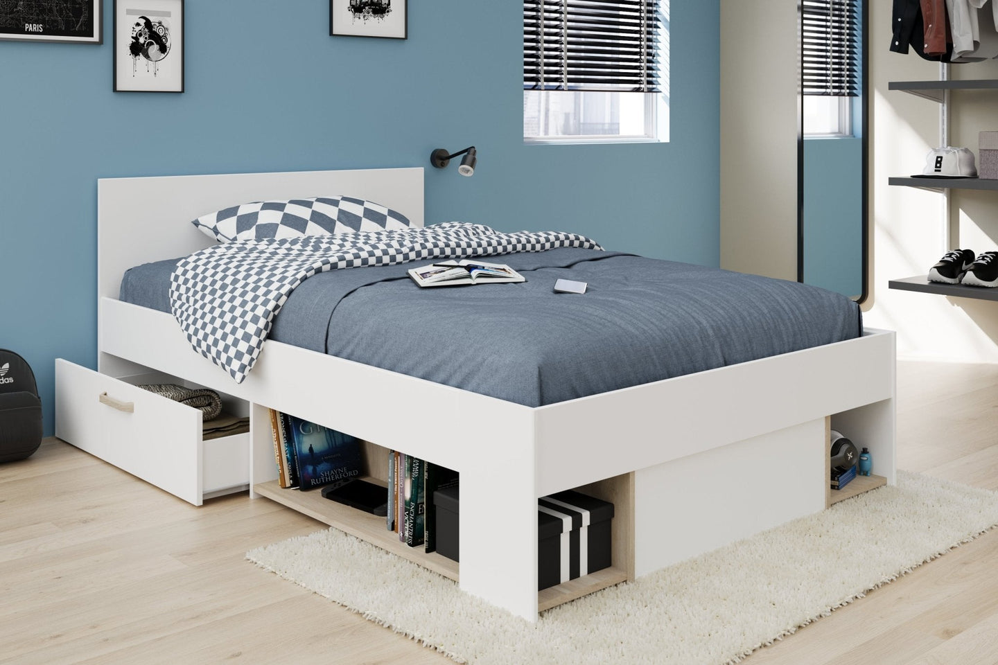 Achille Storage Bed in white with Jackson Oak finish, featuring dual side drawers and open shelving.