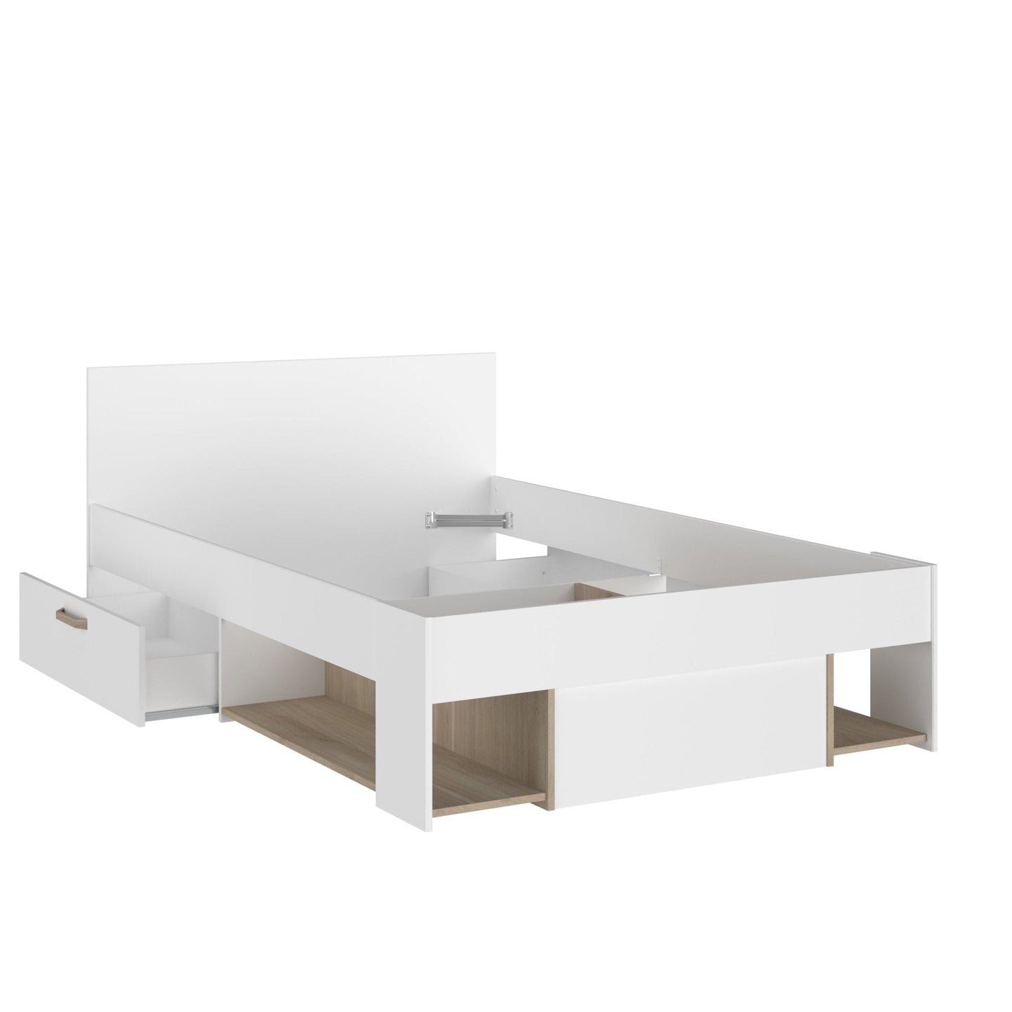 Achille Storage Bed with drawers and shelves in White & Jackson Oak finish, high headboard, no foot end.