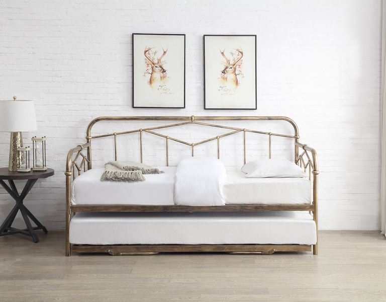 Axton Day Bed in Antique Bronze finish with geometric Art Deco design and pull-out guest bed.