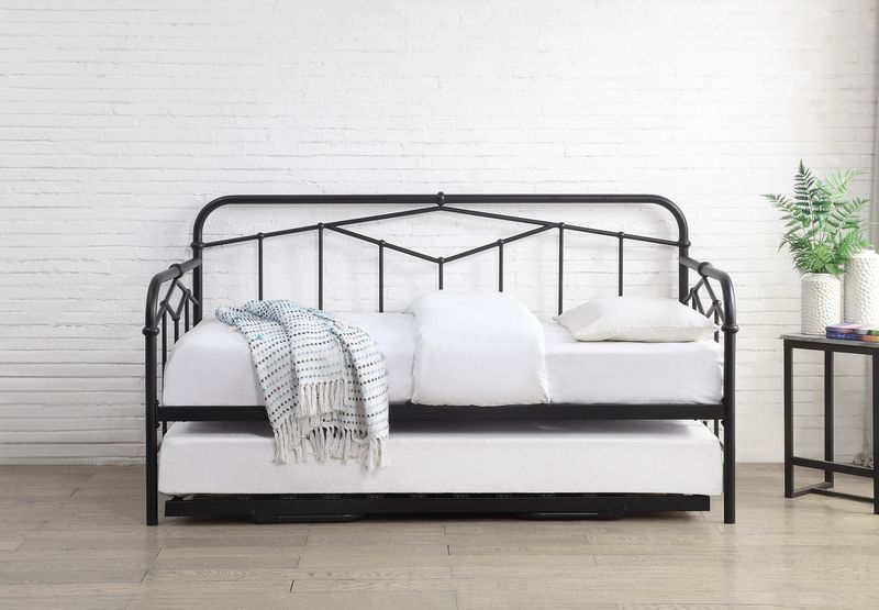 Axton Day Bed in black with geometric Art Deco design, featuring a pull-out guest bed and sprung slatted base.