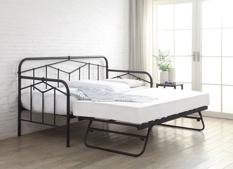 Axton Day Bed - Black with pull-out guest bed and geometric Art Deco design, featuring a robust steel frame and versatile configuration.