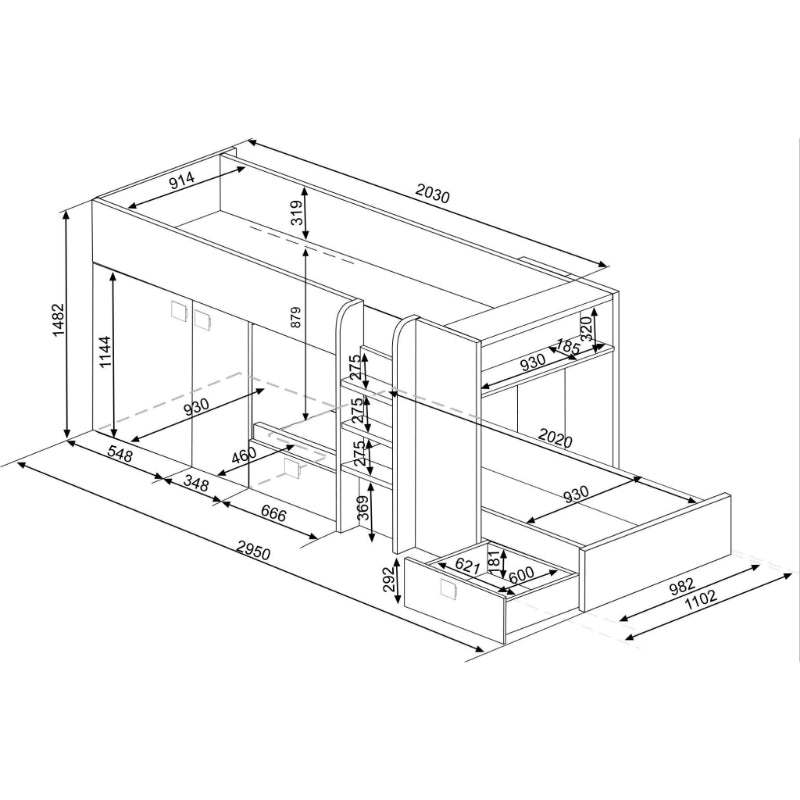 Barca Bunk Beds with Storage, Drawers, Wardrobe, and Shelves - Dimensions and Layout Diagram.