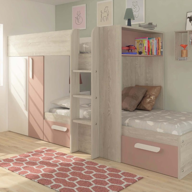 Barca bunk beds with storage, drawers, wardrobe, and shelves in a children's room.