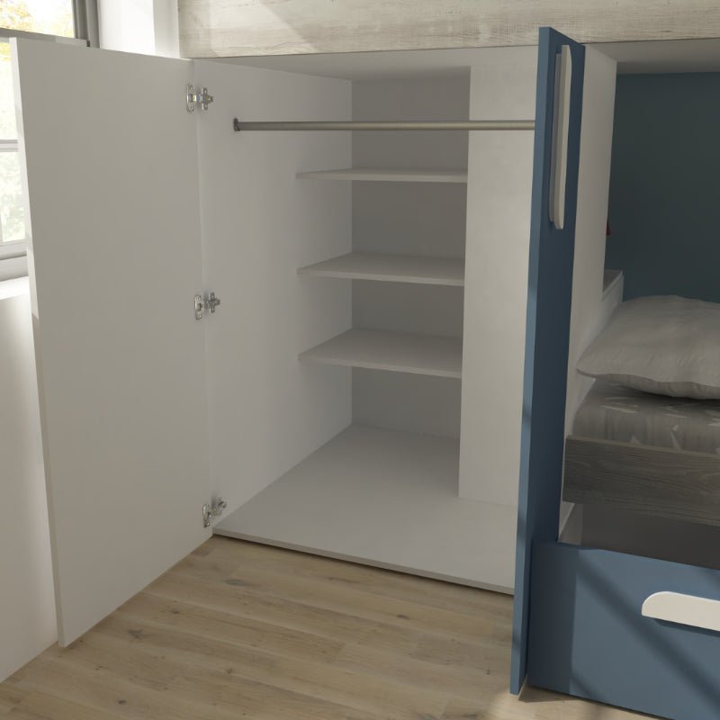 Barca Bunk Bed with integrated wardrobe, shelves, and storage drawers in a child's bedroom.