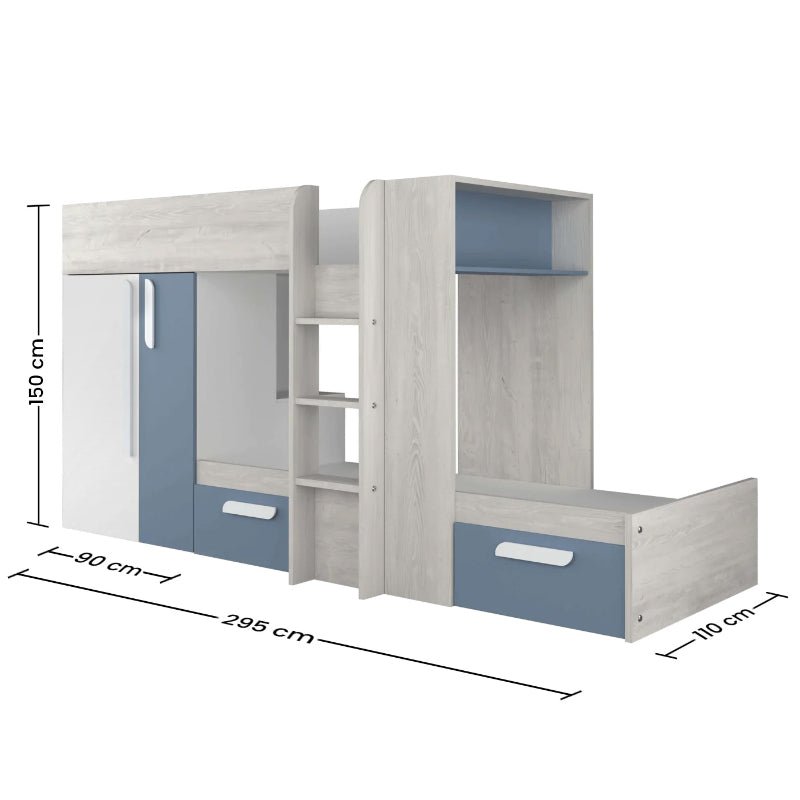 Barca bunk bed with storage, drawers, wardrobe, and shelves in light oak finish, featuring dimensions 295cm x 110cm x 150cm.