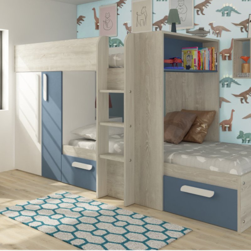 Barca bunk beds with storage, drawers, wardrobe, and shelves in a child's bedroom setting.