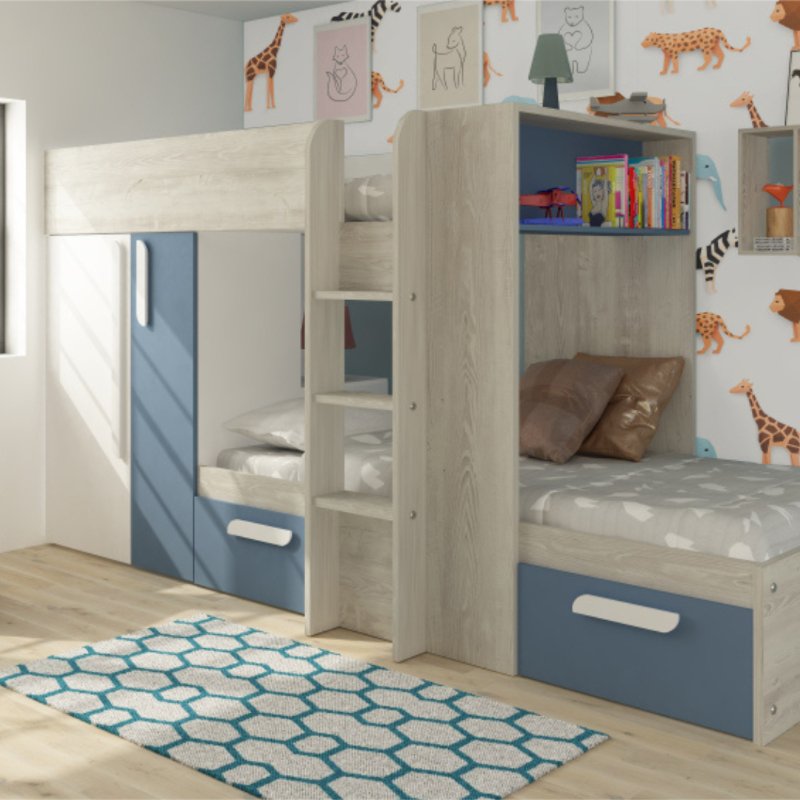 Barca bunk beds with storage, drawers, wardrobe, and shelves in a stylish kids' room.