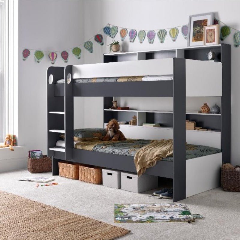 Oliver Bunk Bed with storage shelves and optional trundle in a child's bedroom.