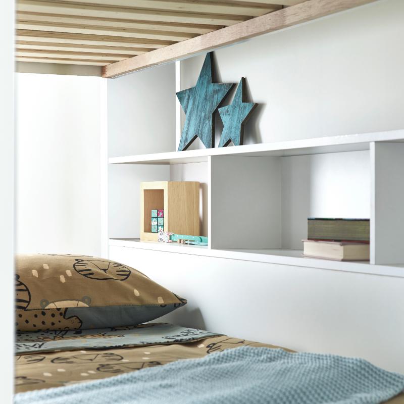 Oliver Bunk Bed with shelves, perfect for storage and organization in kids' rooms.