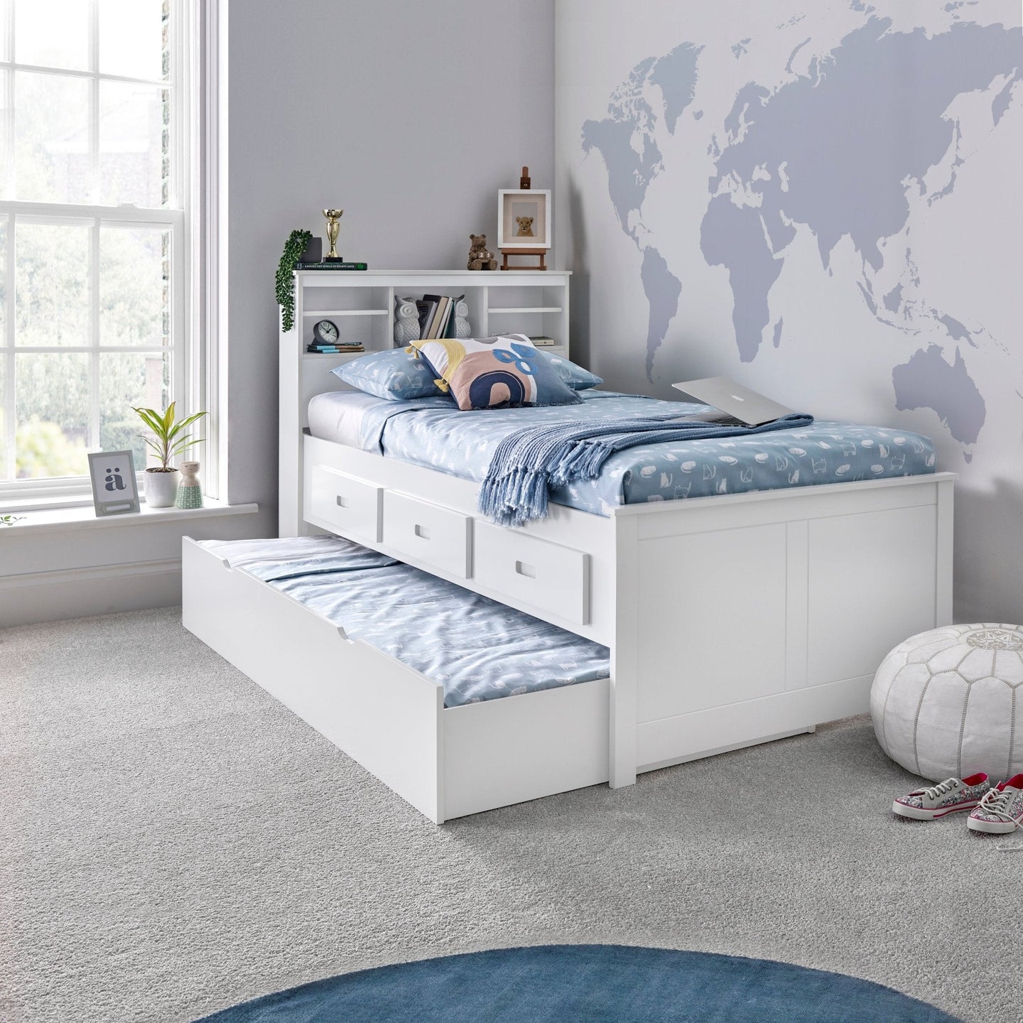 Veera Guest Bed with Trundle, white modern design, 3 drawers, headboard shelves.