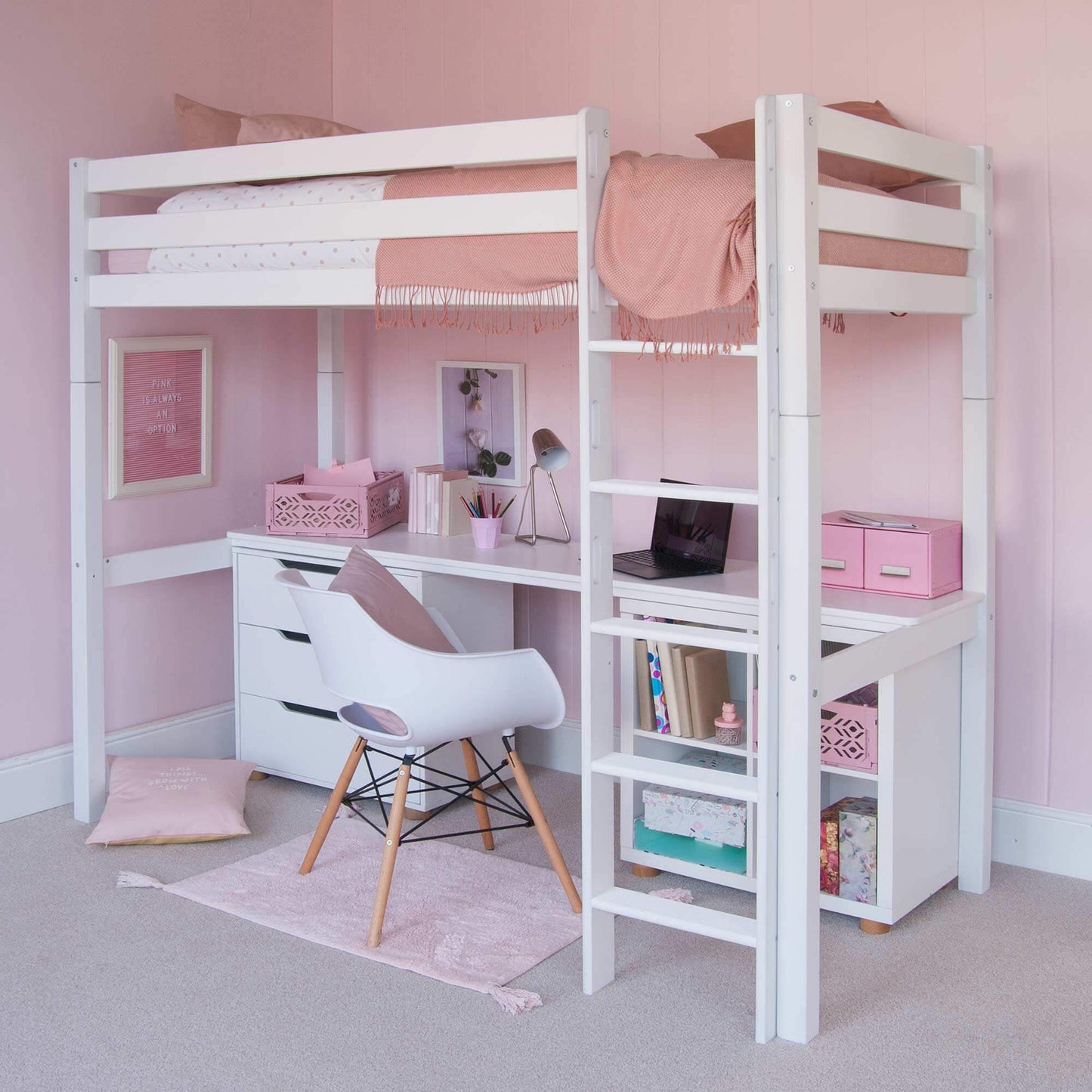 Classic Beech high sleeper bed with wide desk, optional storage, and bookcase in a stylish design, featuring a reversible ladder.