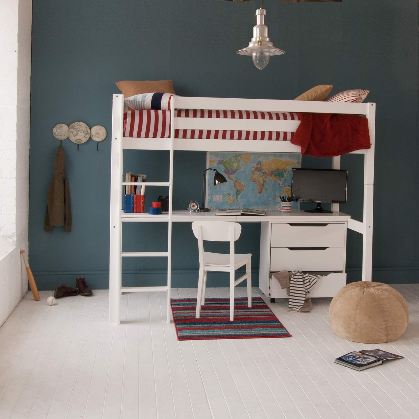 Classic beech high sleeper bed with desk, optional storage, and bookcase in children's room setup.