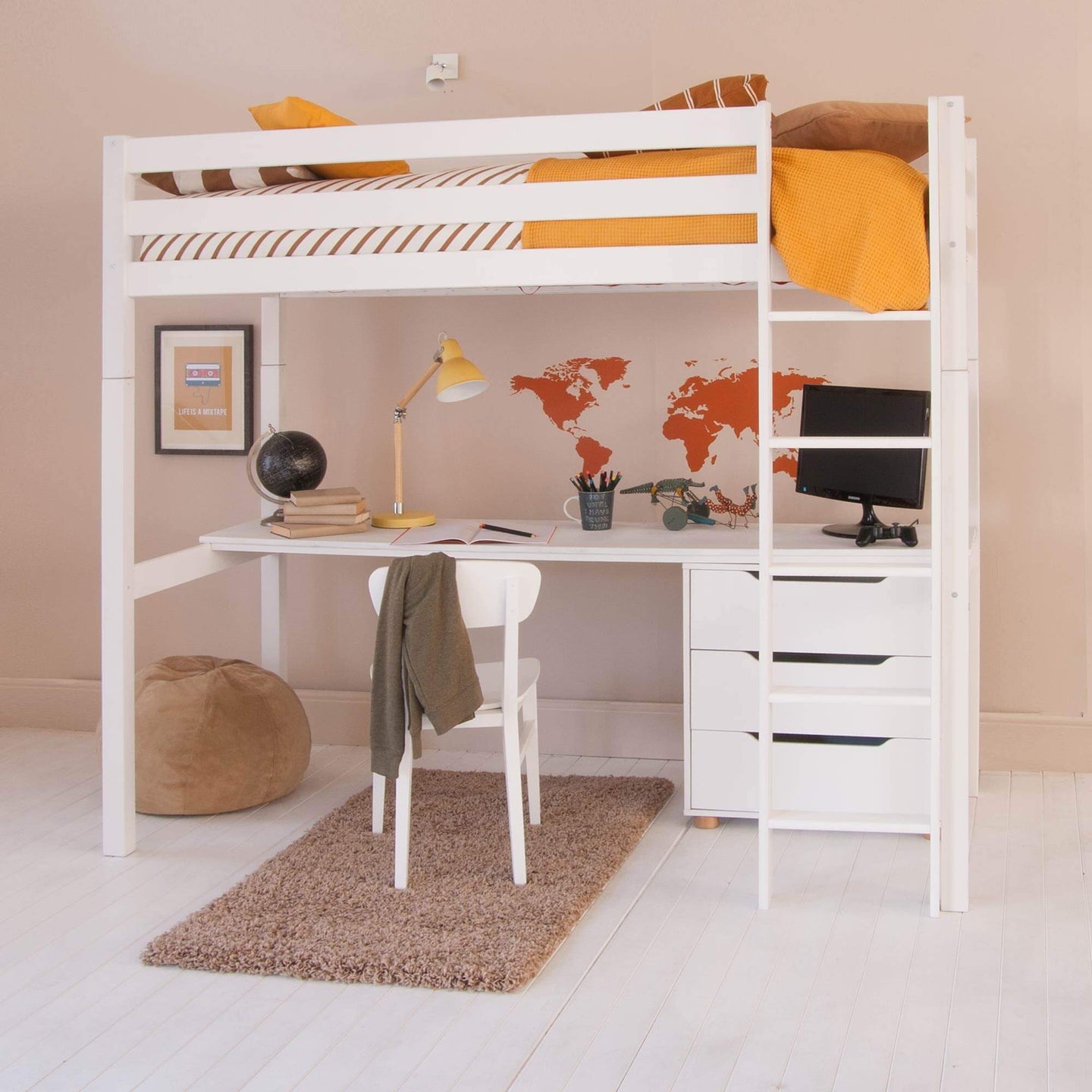 Classic Beech high sleeper bed with wide desk, optional storage, and bookcase; includes reversible ladder and safety features.