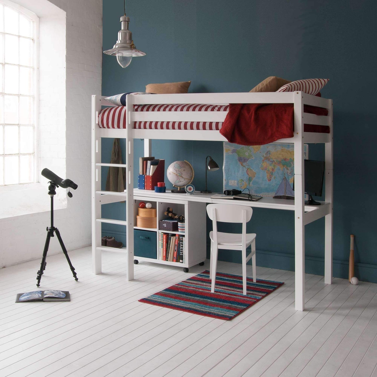 Classic beech high sleeper bed with wide desk and optional storage, bookcase or drawers; sturdy beech hardwood with reversible ladder and safety features. Ideal for kids' rooms.