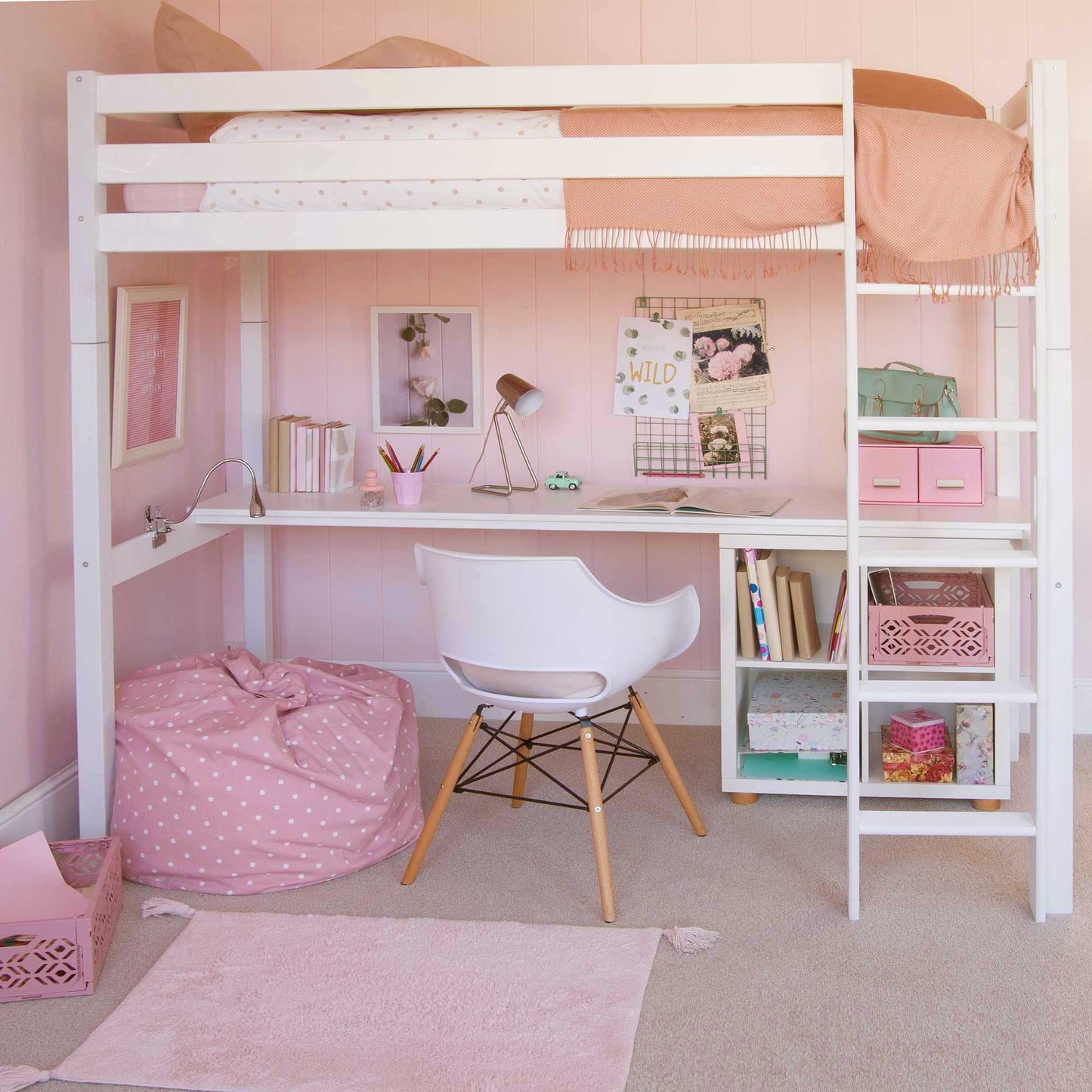 Classic Beech high sleeper bed with wide desk, optional storage, and bookcase in a pink-themed bedroom.