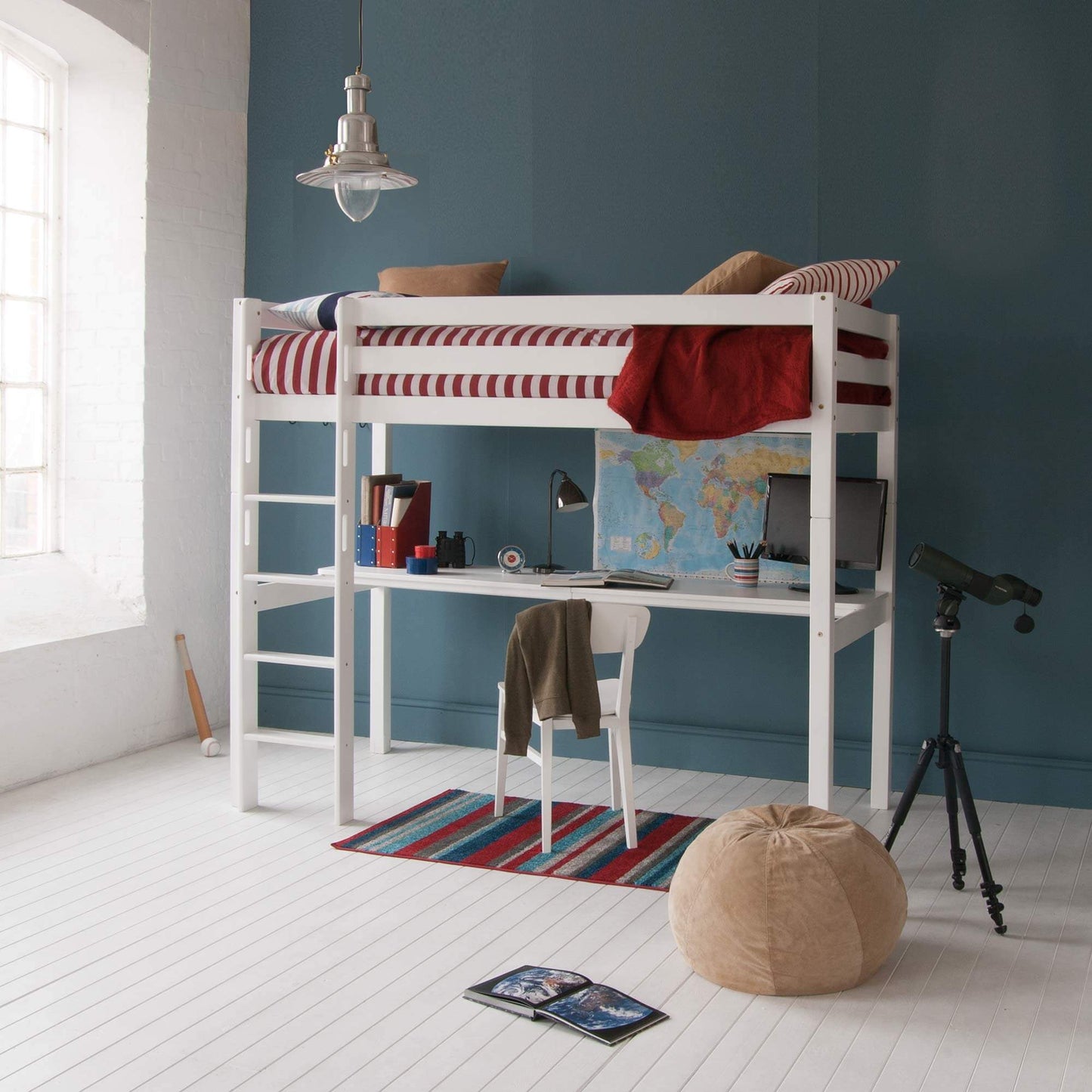 Classic Beech High Sleeper Bed with wide desk and optional storage or bookcase, featuring sturdy construction and reversible ladder in a modern bedroom setting.