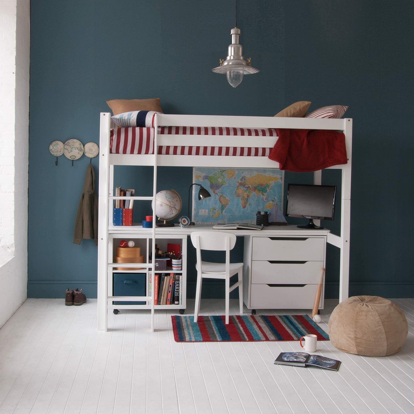 Classic Beech High Sleeper Bed with Wide Desk, Optional Storage, and Bookcase in white room.