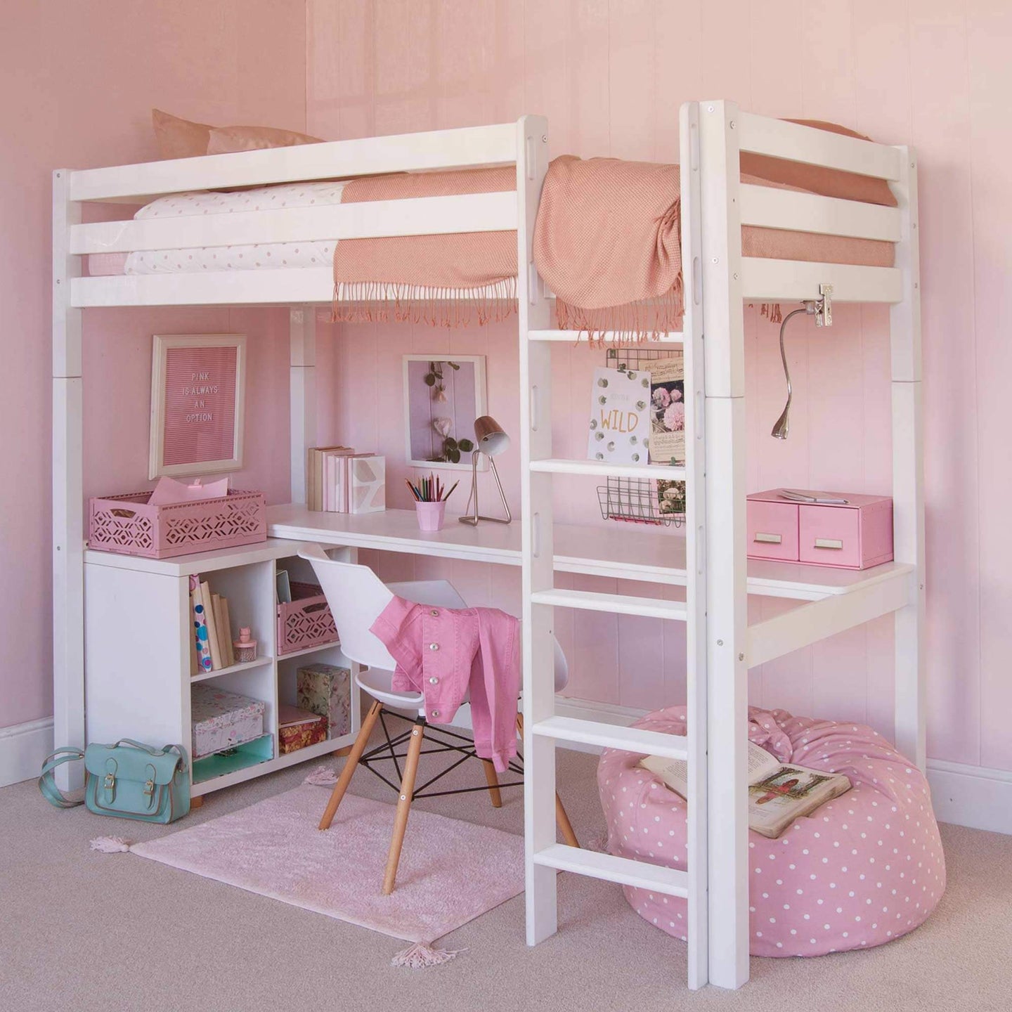 Classic beech high sleeper bed with wide desk and optional storage, including bookcase and drawers, in a pink-themed bedroom.