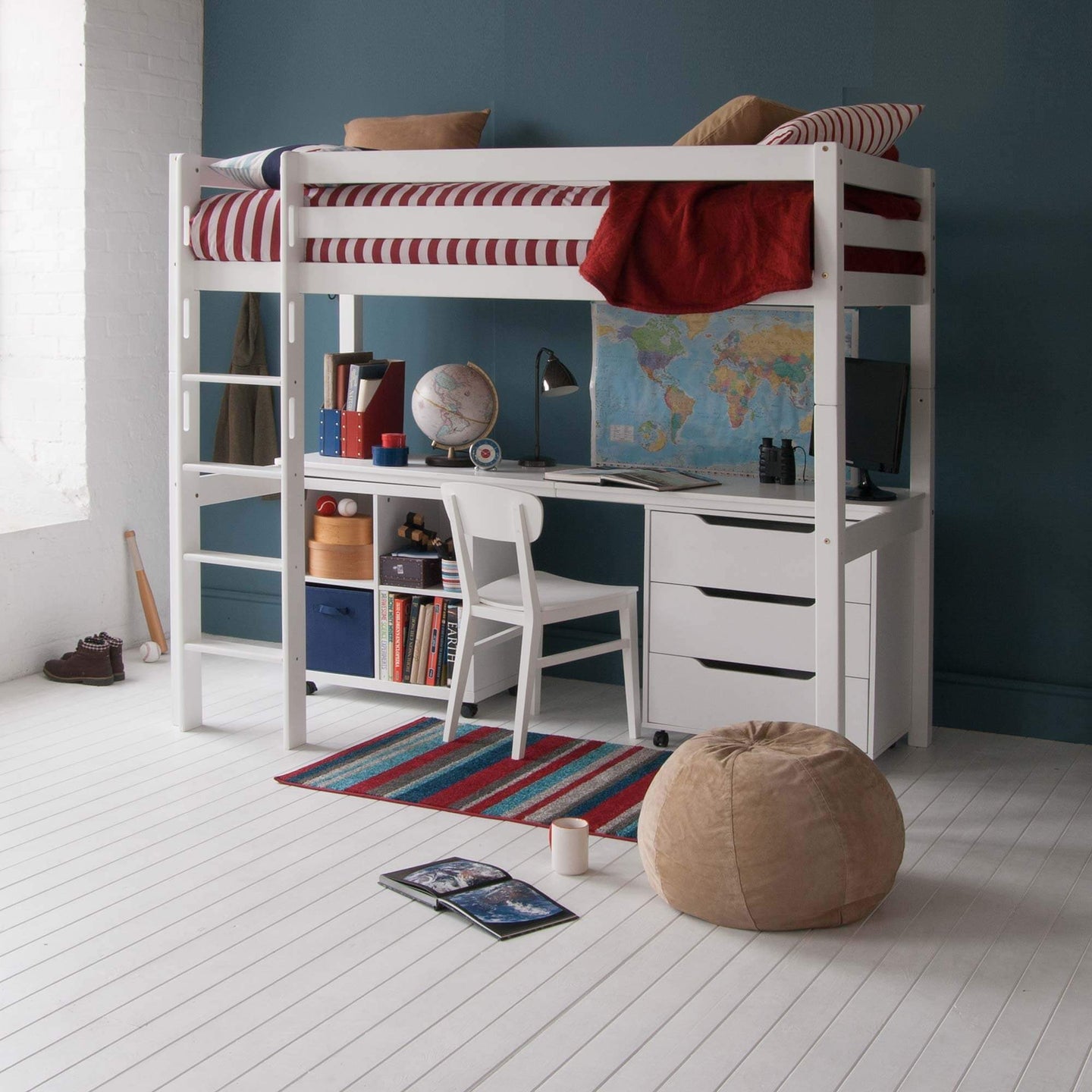 Classic Beech High Sleeper Bed with Desk, storage options, and bookcase in a children's bedroom setting.