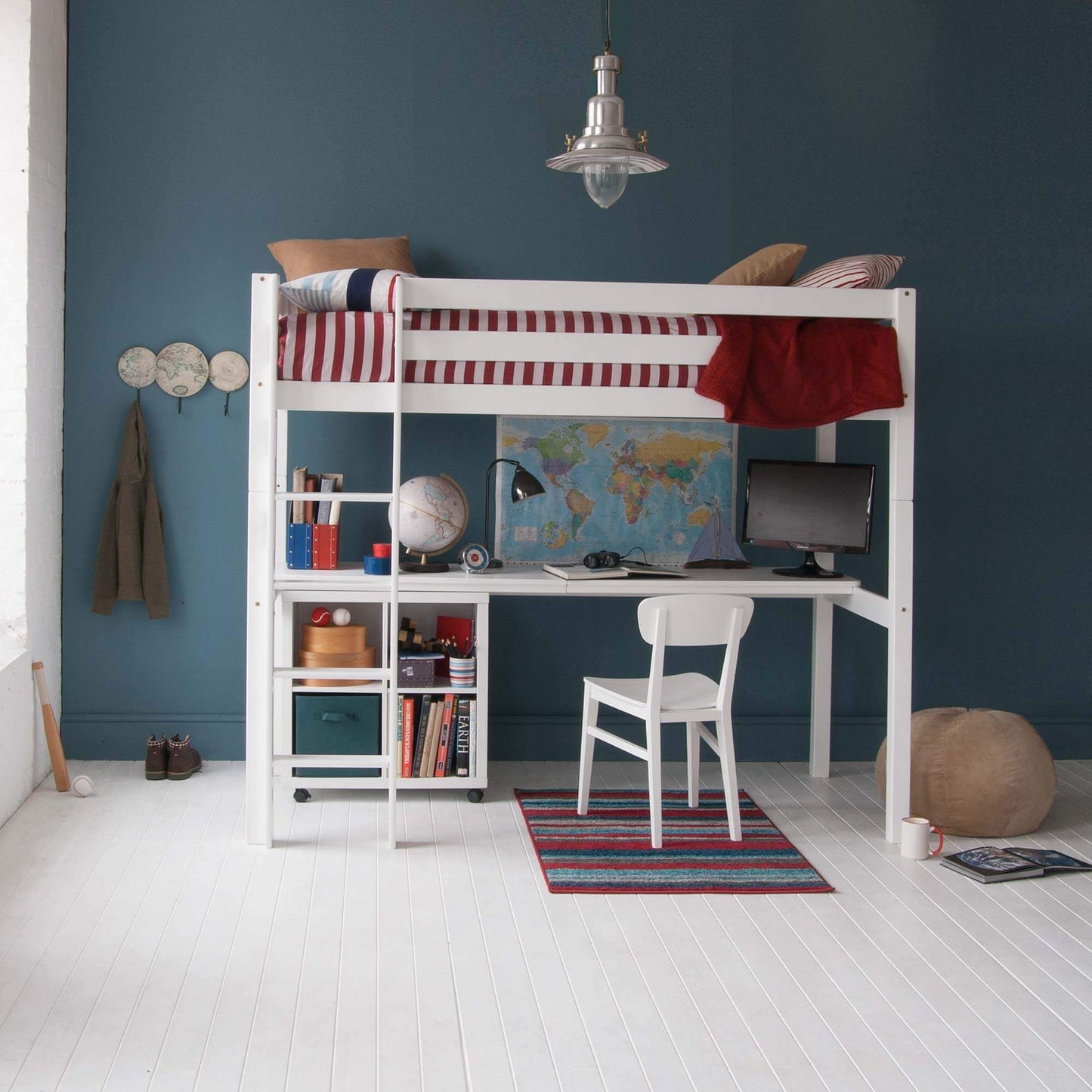 High sleeper bed with full-length desk, optional storage, bookcase, and drawers; made from solid beech wood, featuring non-toxic white paint and reversible ladder.