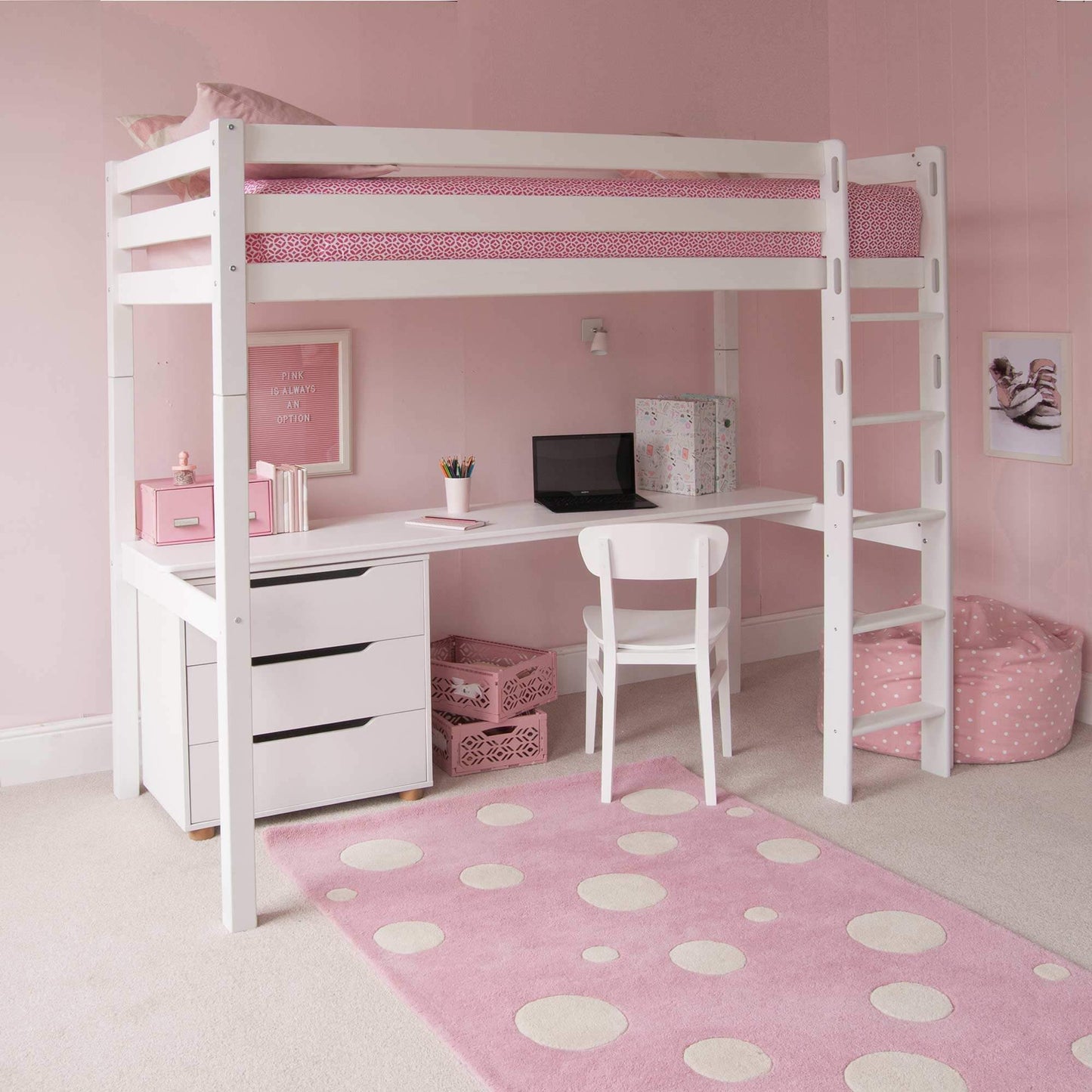 Classic Beech high sleeper bed with wide desk, optional storage, and bookcase in a pink-themed room.