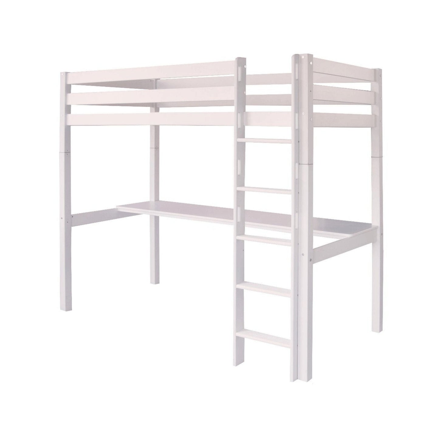 Classic Beech High Sleeper Bed with Wide Desk and Optional Storage, Bookcase; sturdy beech hardwood, reversible ladder, safety rails; sleek white finish.