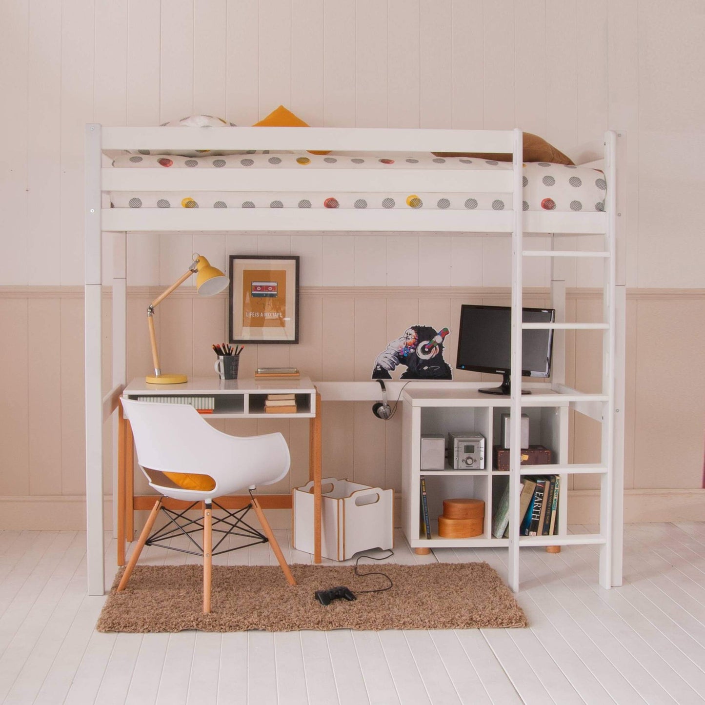 Classic Beech High Sleeper Bed with desk, shelf storage, and ladder in Scandinavian design.