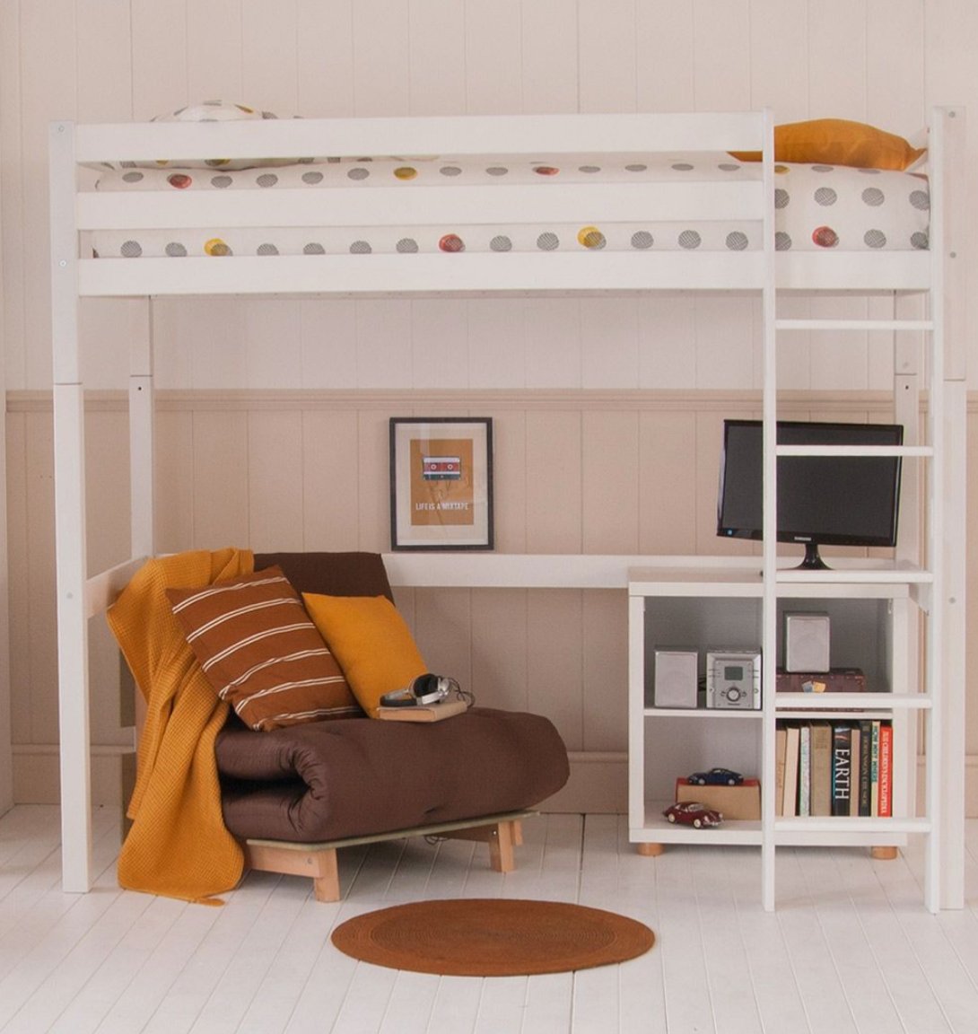 Classic Beech High Sleeper Bed with futon, desk, and bookcase in a room setting.