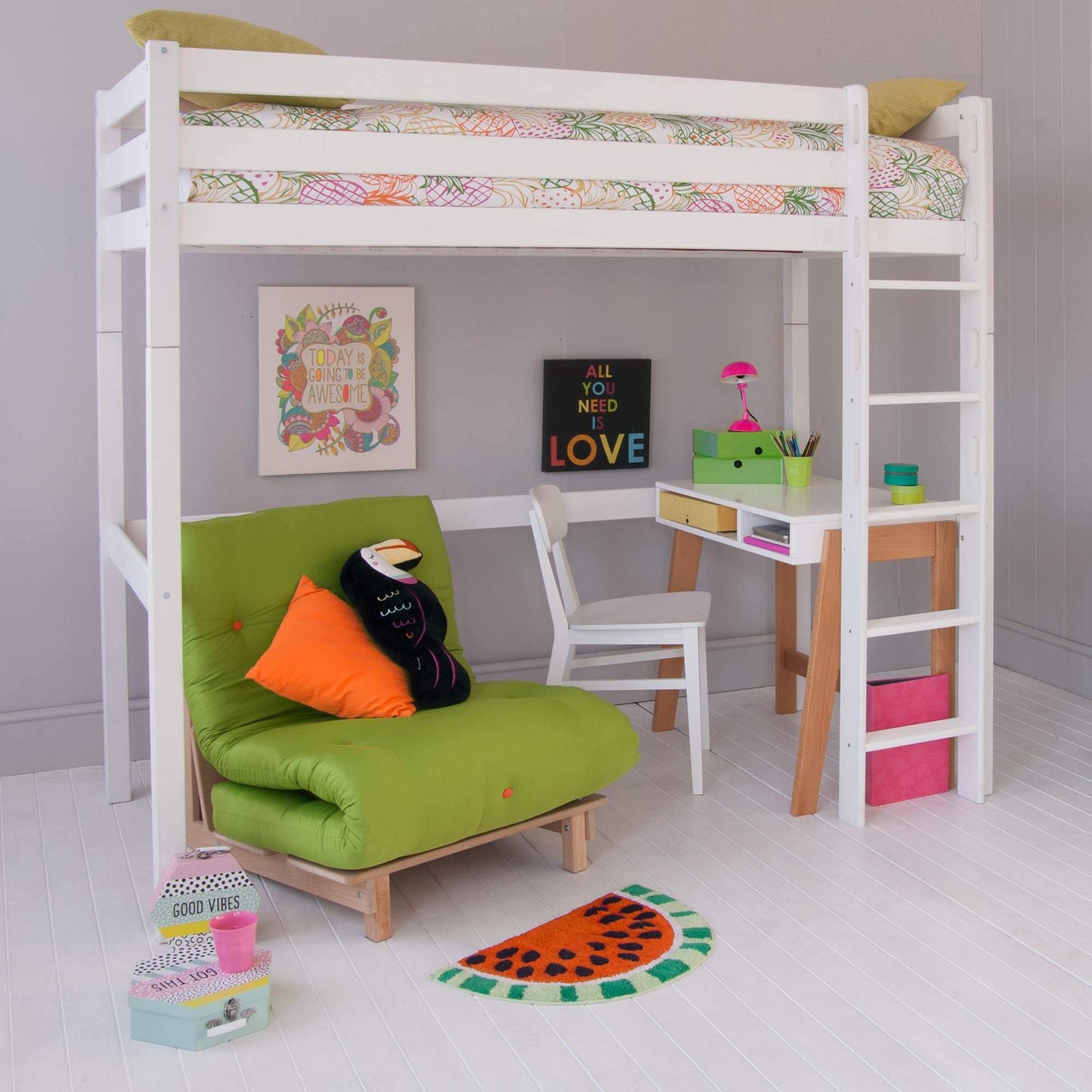 Classic Beech High Sleeper Bed with Futon and Desk in Scandinavian Design