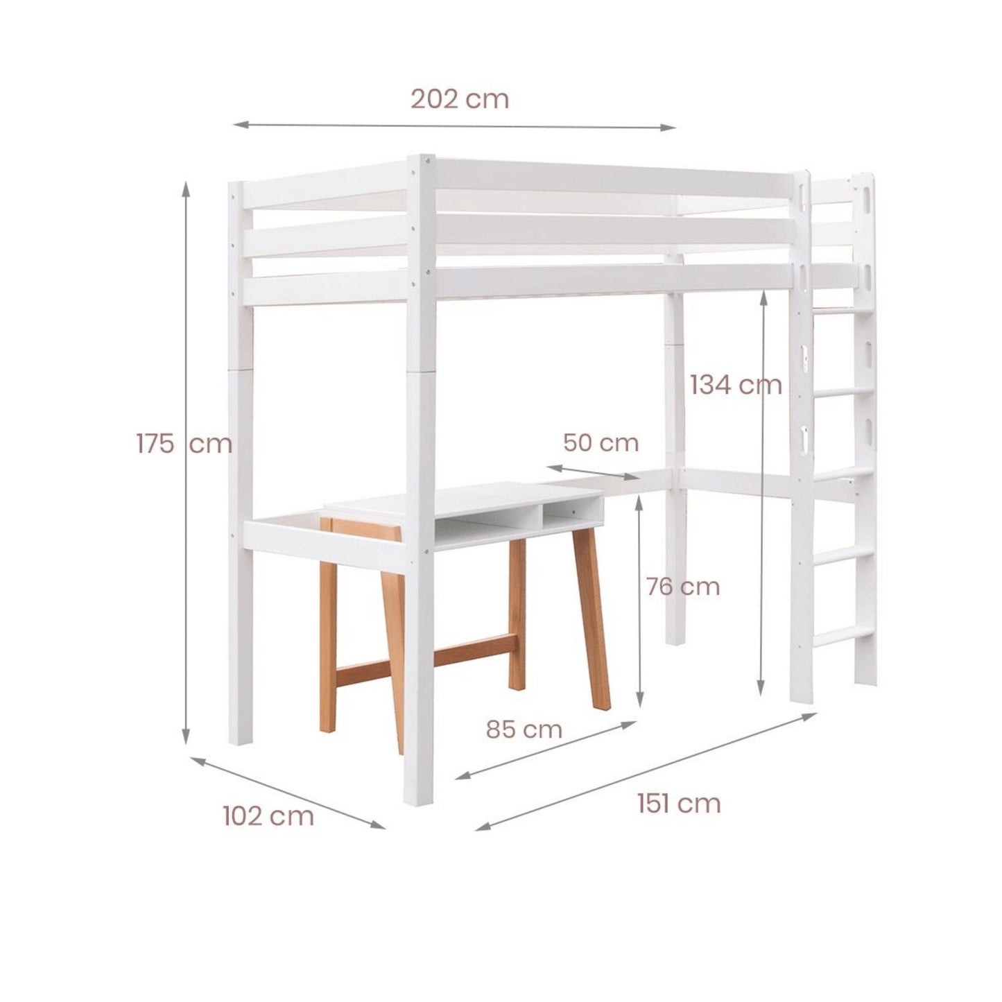 Classic Beech High Sleeper Bed with desk and ladder, featuring Scandinavian design and dimensions.