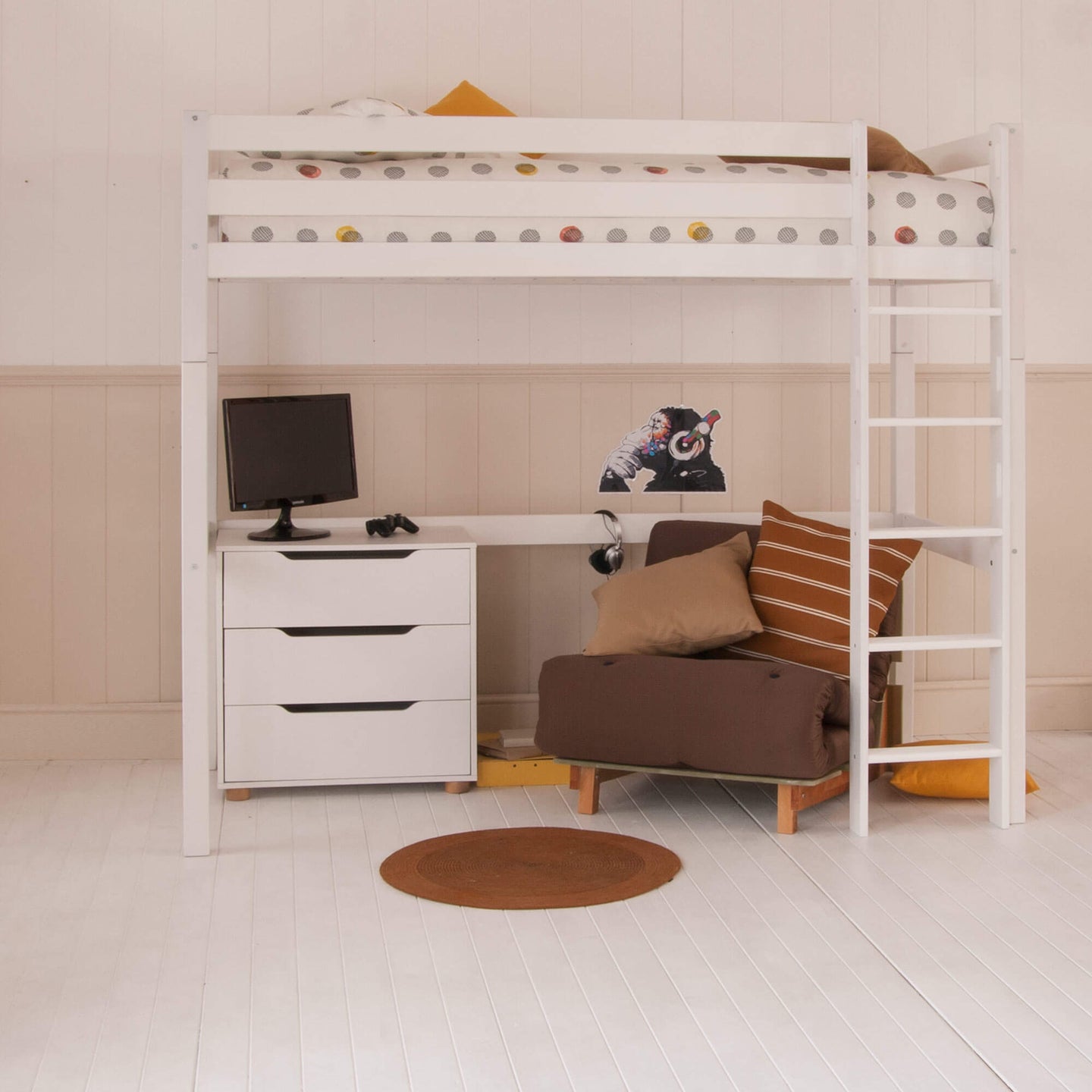 Classic Beech High Sleeper Bed with futon, desk, and drawers in white beech wood.