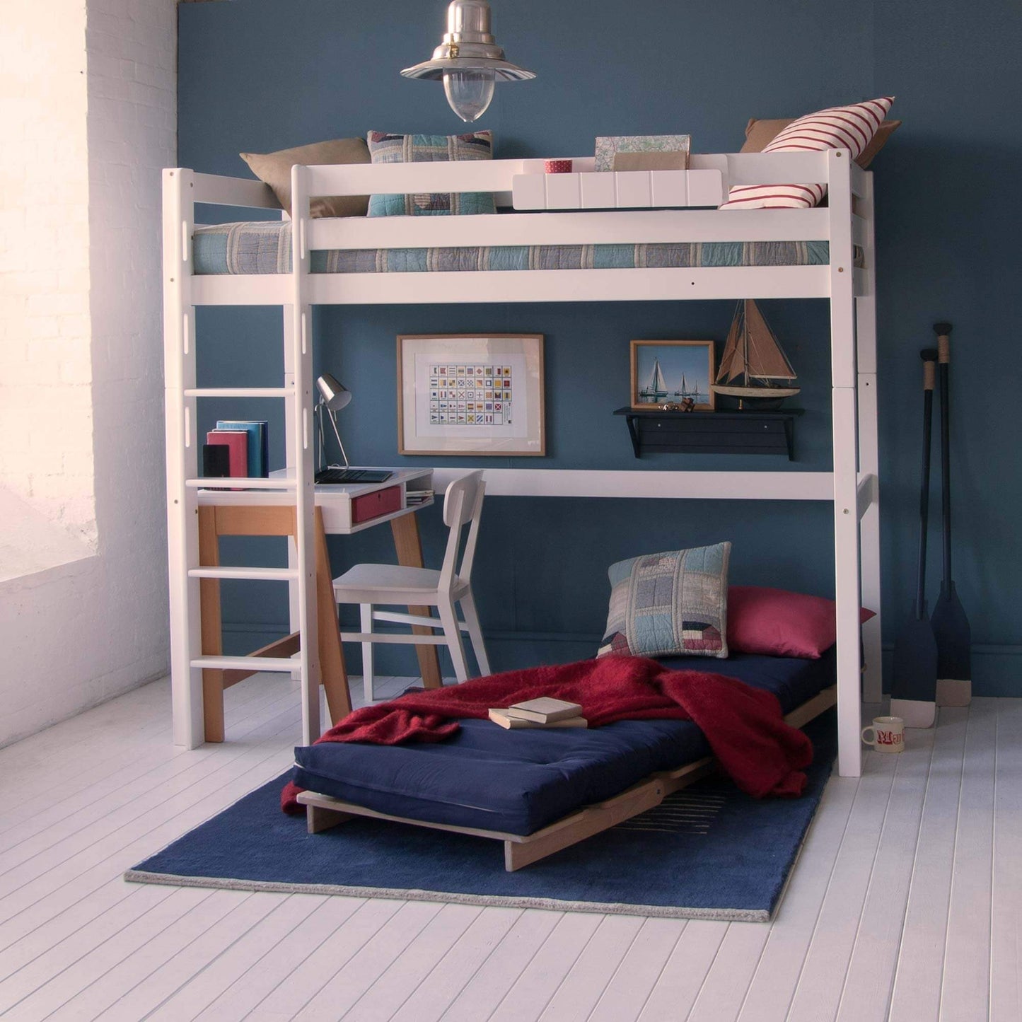 Classic Beech High Sleeper Bed with Futon, Bookcase, and Desk in modern Scandinavian design.