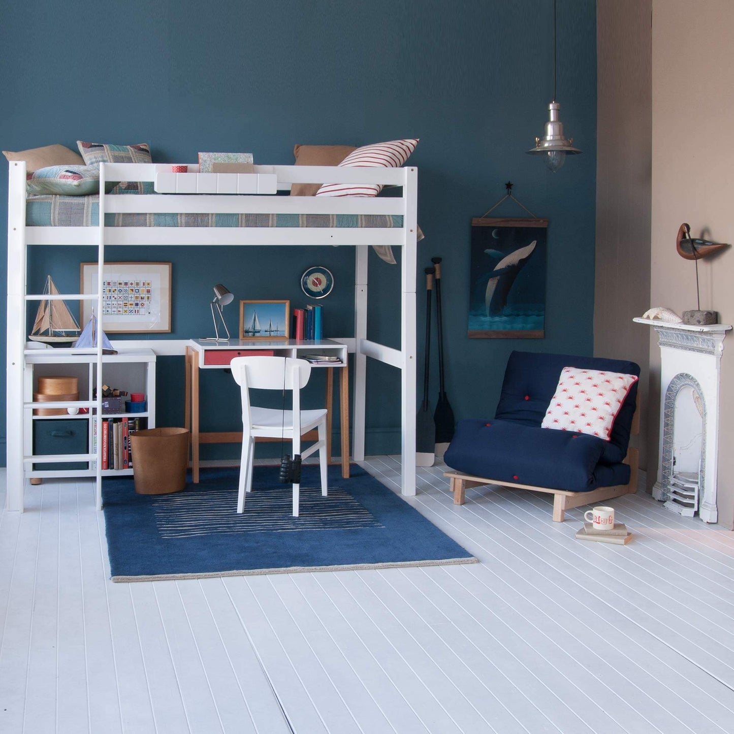 Classic Beech High Sleeper Bed with futon and desk in modern Scandinavian design, featuring solid beech wood and safety rails.