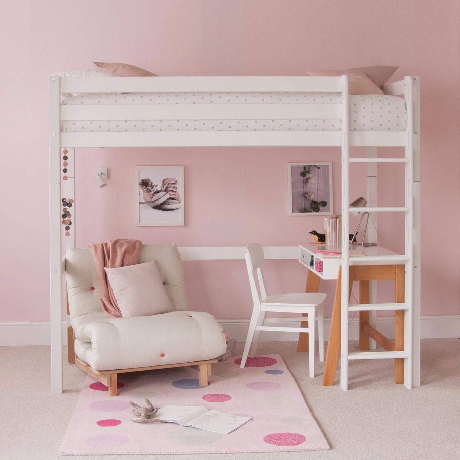 'Classic Beech' High Sleeper Bed with Futon & Bookcase, Desk or Drawers - Millie & Jones