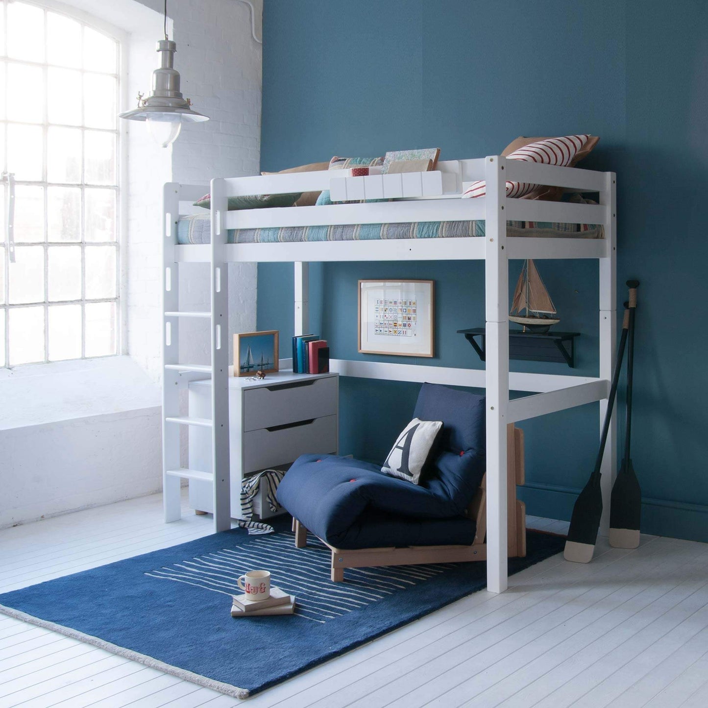 Classic beech high sleeper bed with futon and bookcase, featuring Nordic design, desk, and storage options.