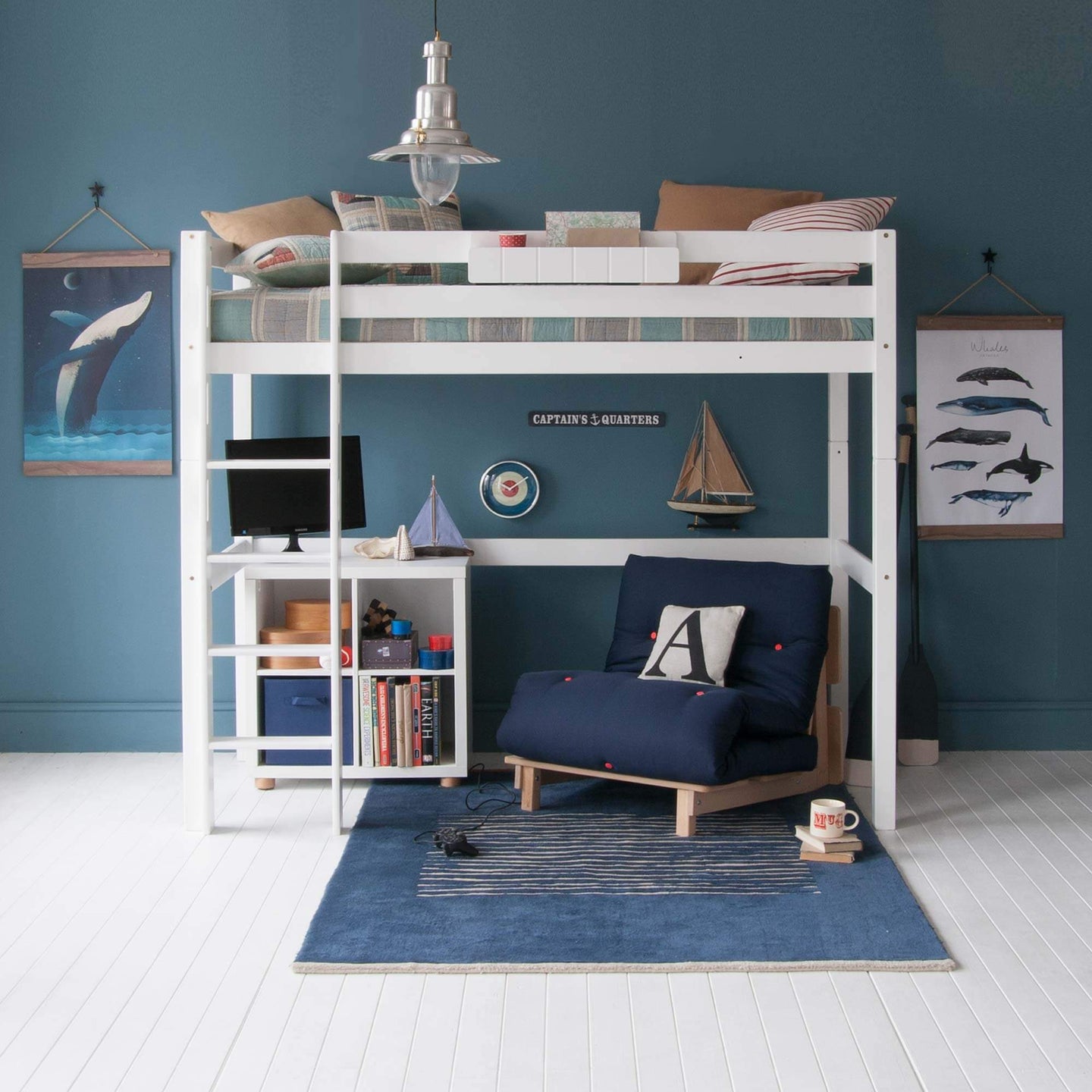 Classic Beech High Sleeper Bed with Futon, Desk, and Bookcase in Scandinavian Design.