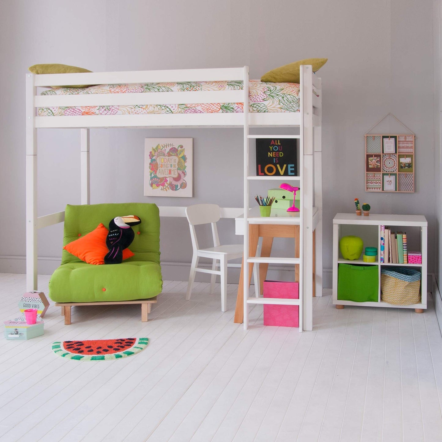 Classic Beech High Sleeper Bed with futon, desk, and bookcase in a modern Scandinavian design.