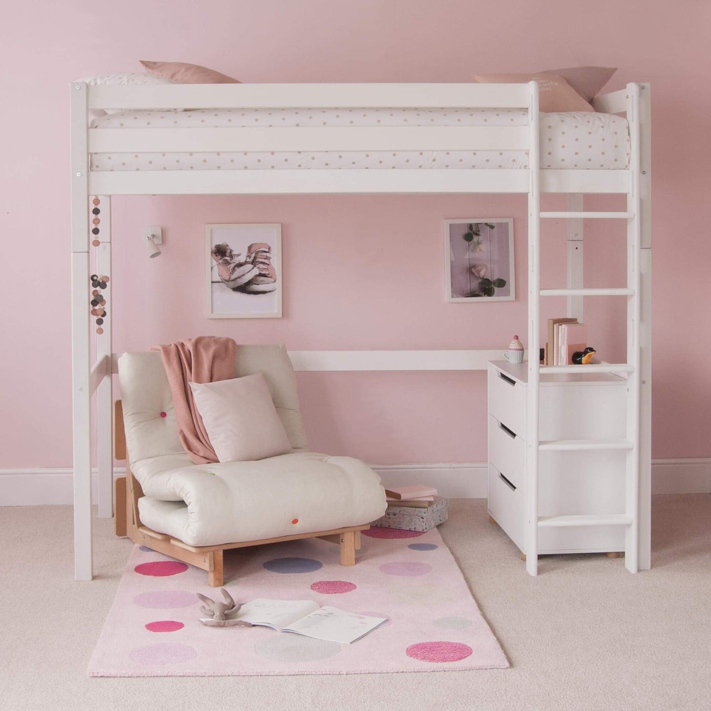 Classic Beech High Sleeper Bed with futon and drawers, featuring white painted beech wood, ladder, and modern Scandinavian design.