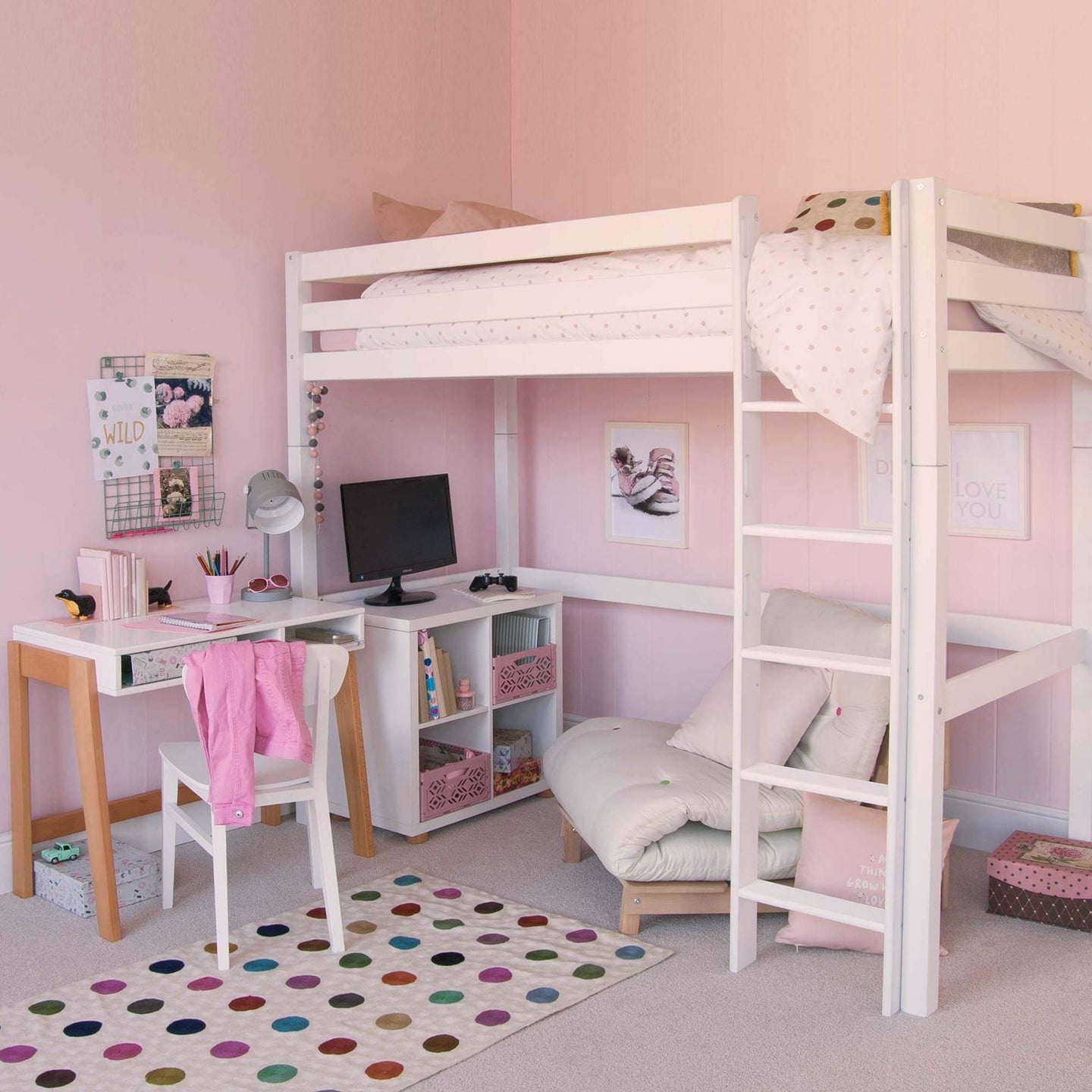 Classic Beech High Sleeper Bed with futon, desk, and bookcase in a pink bedroom setting.