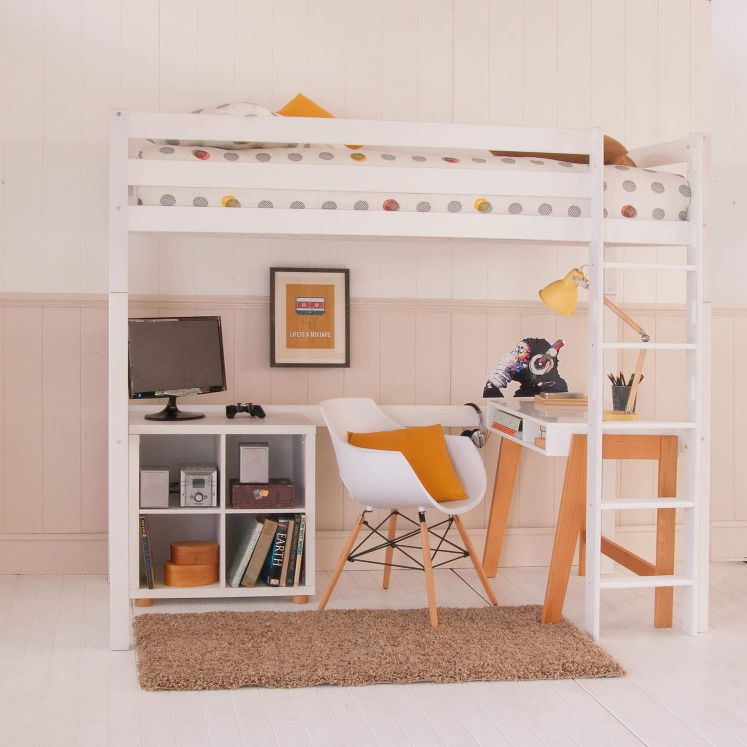 Classic Beech High Sleeper with Desk (Freestanding) & Bookcase - Millie & Jones