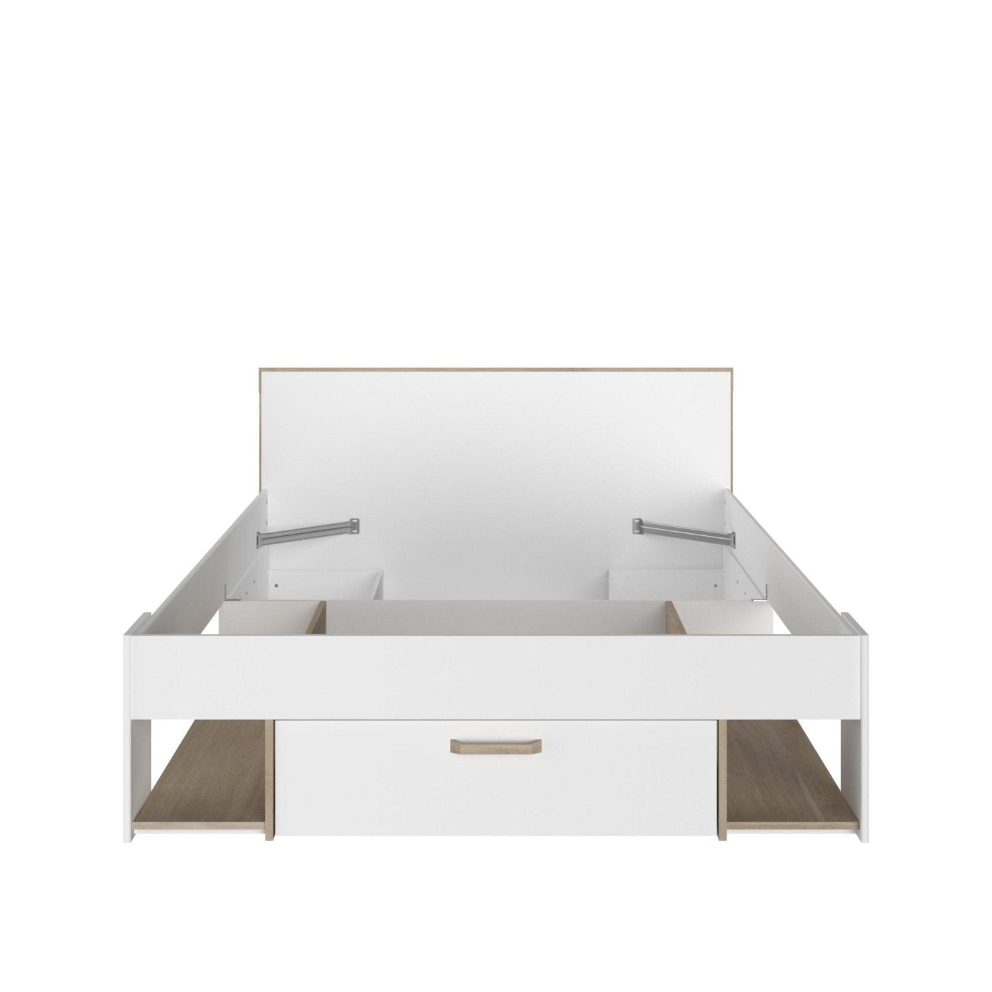 Dream Double Storage Bed with sleek design, ample under-bed drawers, and integrated headboard shelves.