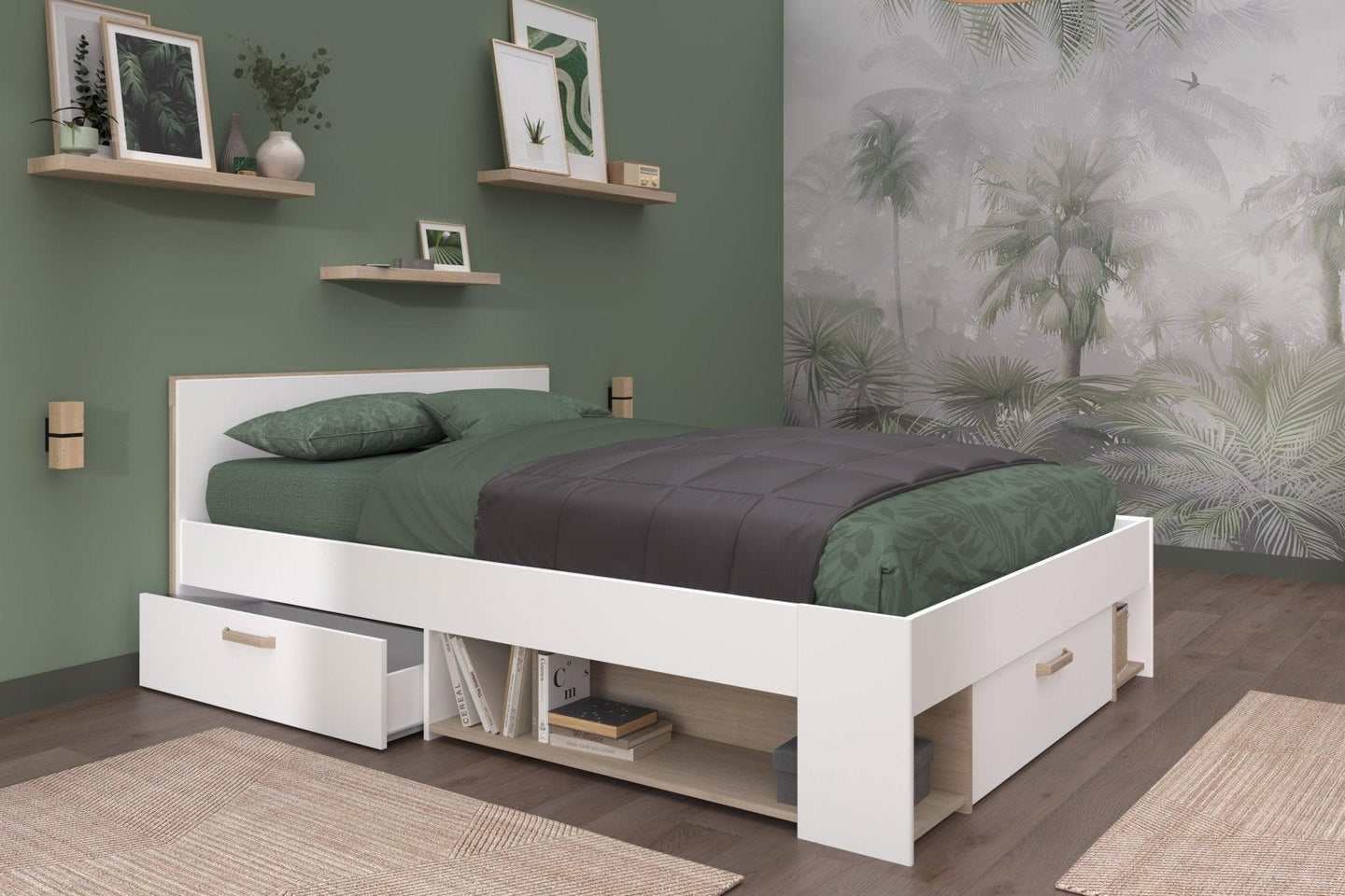 Modern Dream Double Storage Bed with under-bed drawers and headboard shelves in a stylish bedroom setting.